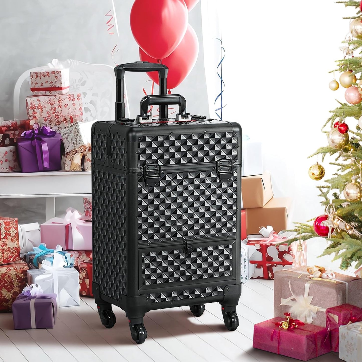 Rolling Makeup Train Case with a Drawer Nail Trolley Black/Red | Sturdy ABS & Aluminum Nail Cart Organizes Beauty Supplies in Side Trays and a Drawer, Rolls Smoothly & Lockable for Travel