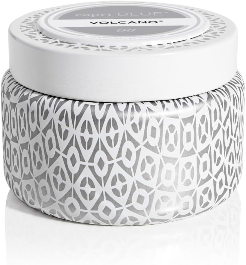 Capri Blue Volcano Printed Travel Tin Jar Candle - Luxury Candle with a Long Lasting Soy Wax Blend - Scented with Tropical & Fruity Fragrance (White Color, 8.5 Oz)