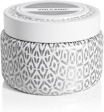 Capri Blue Volcano Printed Travel Tin Jar Candle - Luxury Candle with a Long Lasting Soy Wax Blend - Scented with Tropical & Fruity Fragrance (White Color, 8.5 Oz)