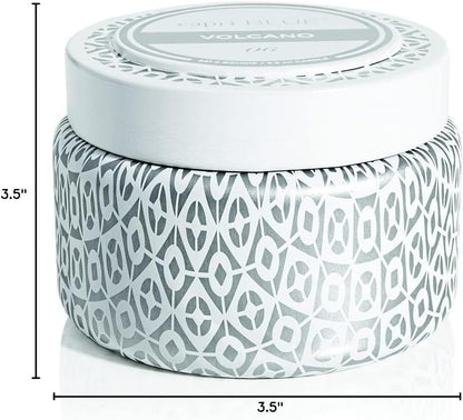 Capri Blue Volcano Printed Travel Tin Jar Candle - Luxury Candle with a Long Lasting Soy Wax Blend - Scented with Tropical & Fruity Fragrance (White Color, 8.5 Oz)
