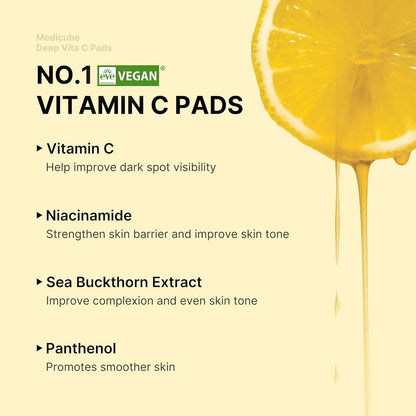 Toner Pads Deep Vita C Facial Toner Pad for Uneven Skin Tone & Texture | Vitamin Water and 3 Types of Vitamin, Deeply Hydrating & Resurfacing Pad | Korean Skin Care, 70 Pads (1 Pack)