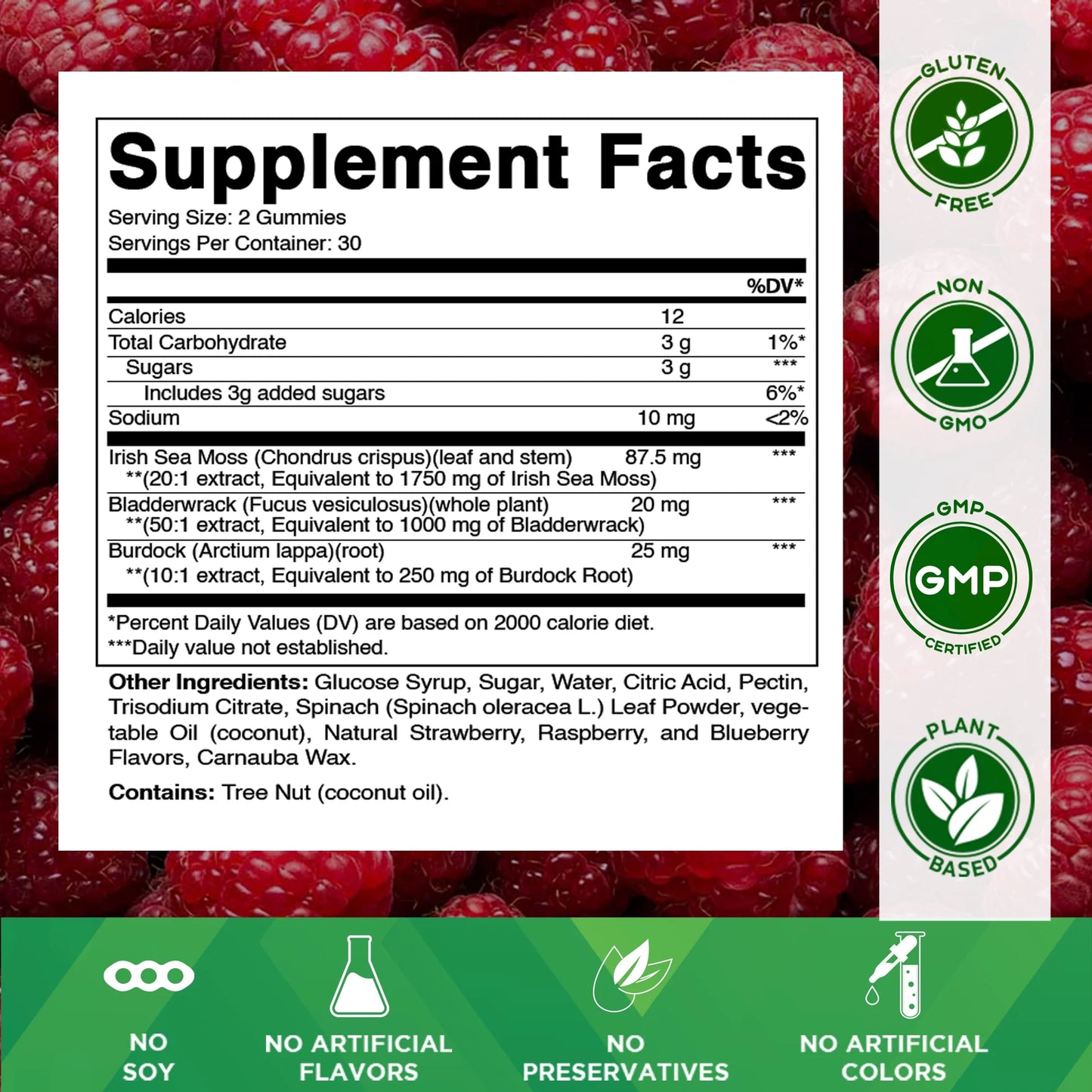 Irish Sea Moss Gummies - 3000 Mg - 60 Vegan Gummies - Made with Bladderwrack & Burdock Root - Seamoss Supplement for Thyroid, Energy, Immune Support