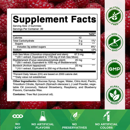 Irish Sea Moss Gummies - 3000 Mg - 60 Vegan Gummies - Made with Bladderwrack & Burdock Root - Seamoss Supplement for Thyroid, Energy, Immune Support