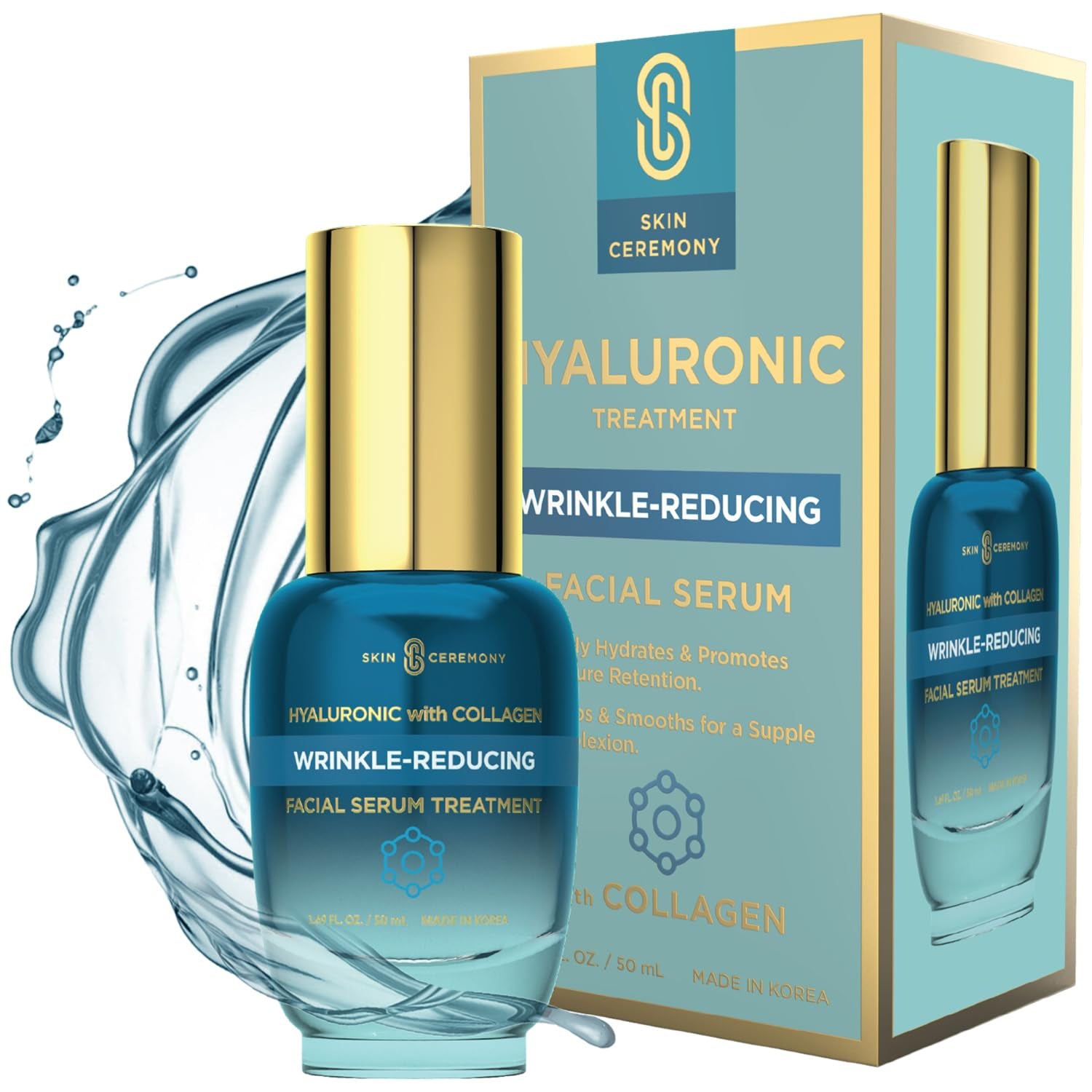 Hyaluronic Acid & Collagen Wrinkle Reducing Serum - Deep Hydration, Plumps & Smooths Skin - Dermatologist Tested, Clean Beauty, Korean Skin Care - 1.69 FL.OZ.