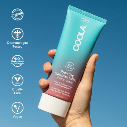 COOLA Hydrating SPF 50 Sunscreen Lotion,Guava Mango Scented, 5 Oz | Organic, Lightweight, Non-Sticky, Non-Greasy, Water Resistant, Broad Spectrum Protection, Dermatologist Tested, Clear Finish