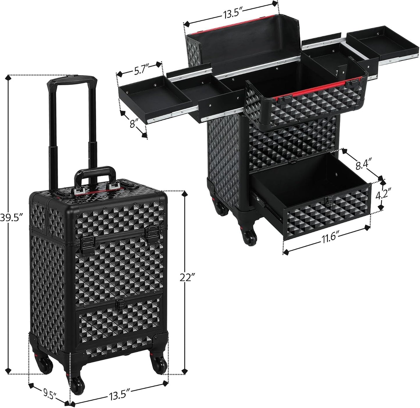 Rolling Makeup Train Case with a Drawer Nail Trolley Black/Red | Sturdy ABS & Aluminum Nail Cart Organizes Beauty Supplies in Side Trays and a Drawer, Rolls Smoothly & Lockable for Travel