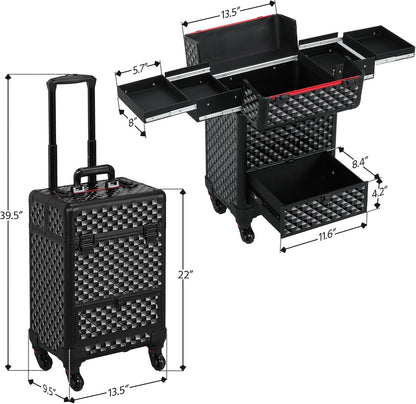 Rolling Makeup Train Case with a Drawer Nail Trolley Black/Red | Sturdy ABS & Aluminum Nail Cart Organizes Beauty Supplies in Side Trays and a Drawer, Rolls Smoothly & Lockable for Travel