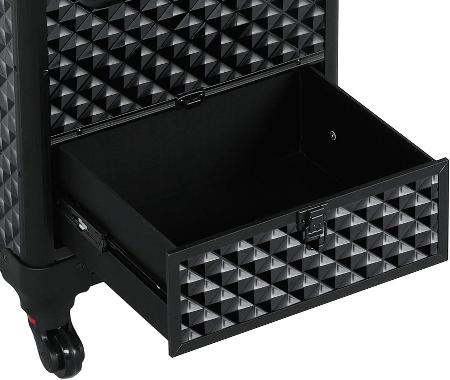 Rolling Makeup Train Case with a Drawer Nail Trolley Black/Red | Sturdy ABS & Aluminum Nail Cart Organizes Beauty Supplies in Side Trays and a Drawer, Rolls Smoothly & Lockable for Travel