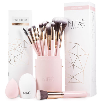 Beauty Cute Makeup Brush Set for Teen Girls, 15 Piece, Pink | Pink, Cute, for Tweens and Women, Vanity, Vegan Bristles, Holder Case, Sponge, Cleaner, Guide