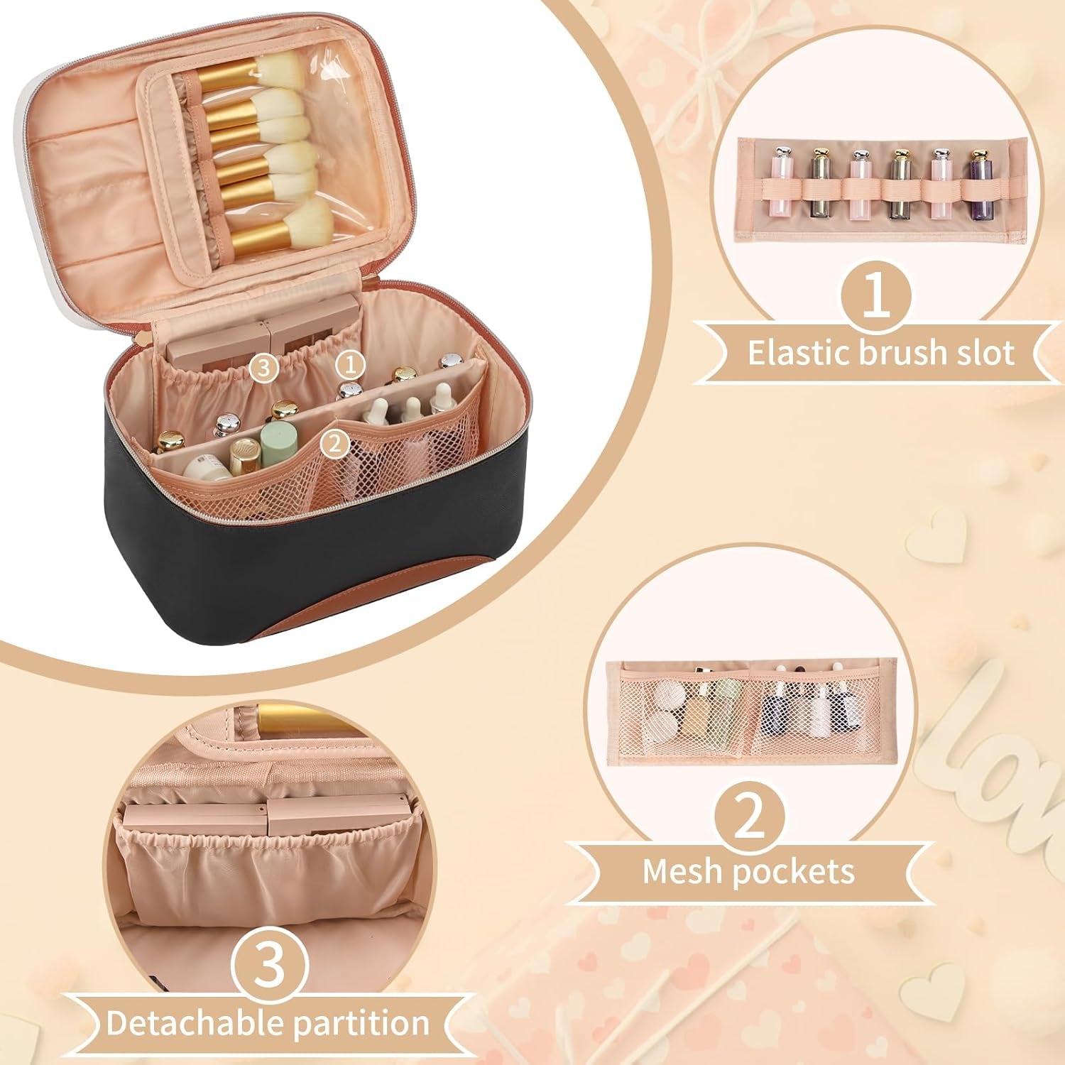 Makeup Bag,Large Capacity Travel Makeup Bag,Waterproof Cosmetic Organizer Case with Brush Holder Portable Make up Bag for Women,Toiletry Bag for Daily Use & Trips as a Gift for Women