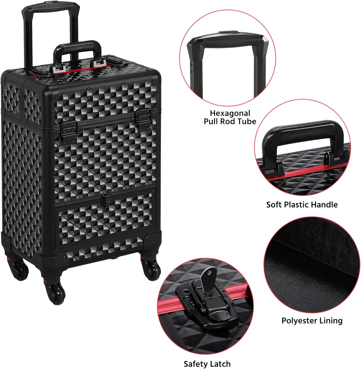 Rolling Makeup Train Case with a Drawer Nail Trolley Black/Red | Sturdy ABS & Aluminum Nail Cart Organizes Beauty Supplies in Side Trays and a Drawer, Rolls Smoothly & Lockable for Travel