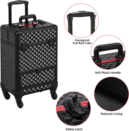 Rolling Makeup Train Case with a Drawer Nail Trolley Black/Red | Sturdy ABS & Aluminum Nail Cart Organizes Beauty Supplies in Side Trays and a Drawer, Rolls Smoothly & Lockable for Travel