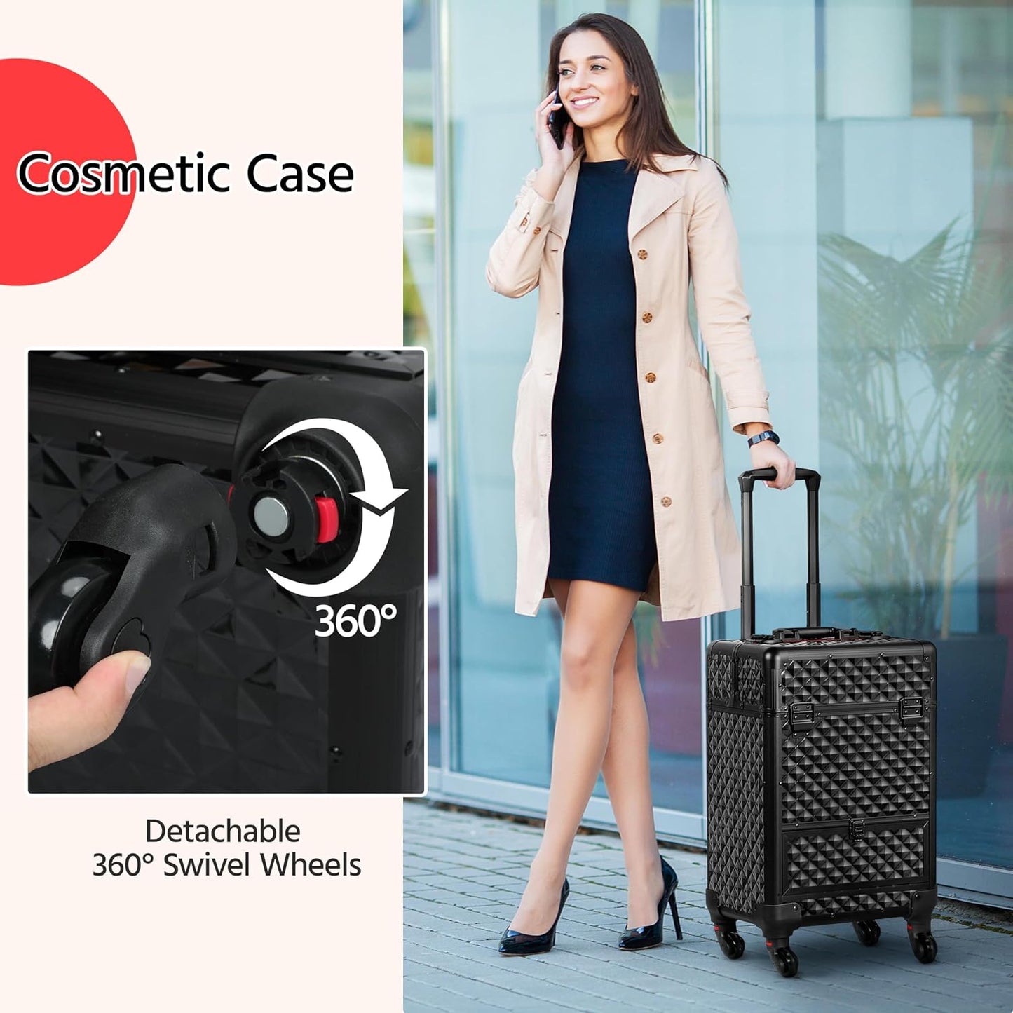 Rolling Makeup Train Case with a Drawer Nail Trolley Black/Red | Sturdy ABS & Aluminum Nail Cart Organizes Beauty Supplies in Side Trays and a Drawer, Rolls Smoothly & Lockable for Travel