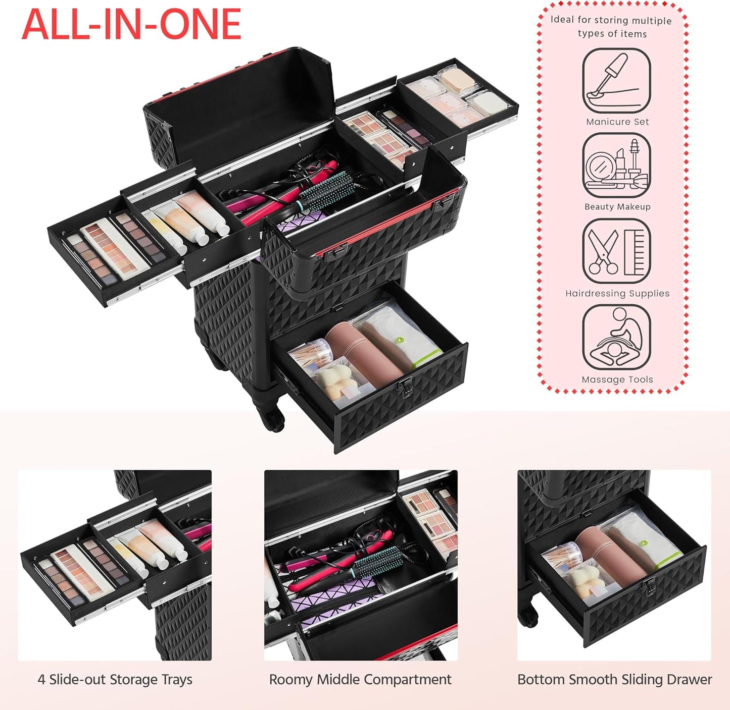 Rolling Makeup Train Case with a Drawer Nail Trolley Black/Red | Sturdy ABS & Aluminum Nail Cart Organizes Beauty Supplies in Side Trays and a Drawer, Rolls Smoothly & Lockable for Travel
