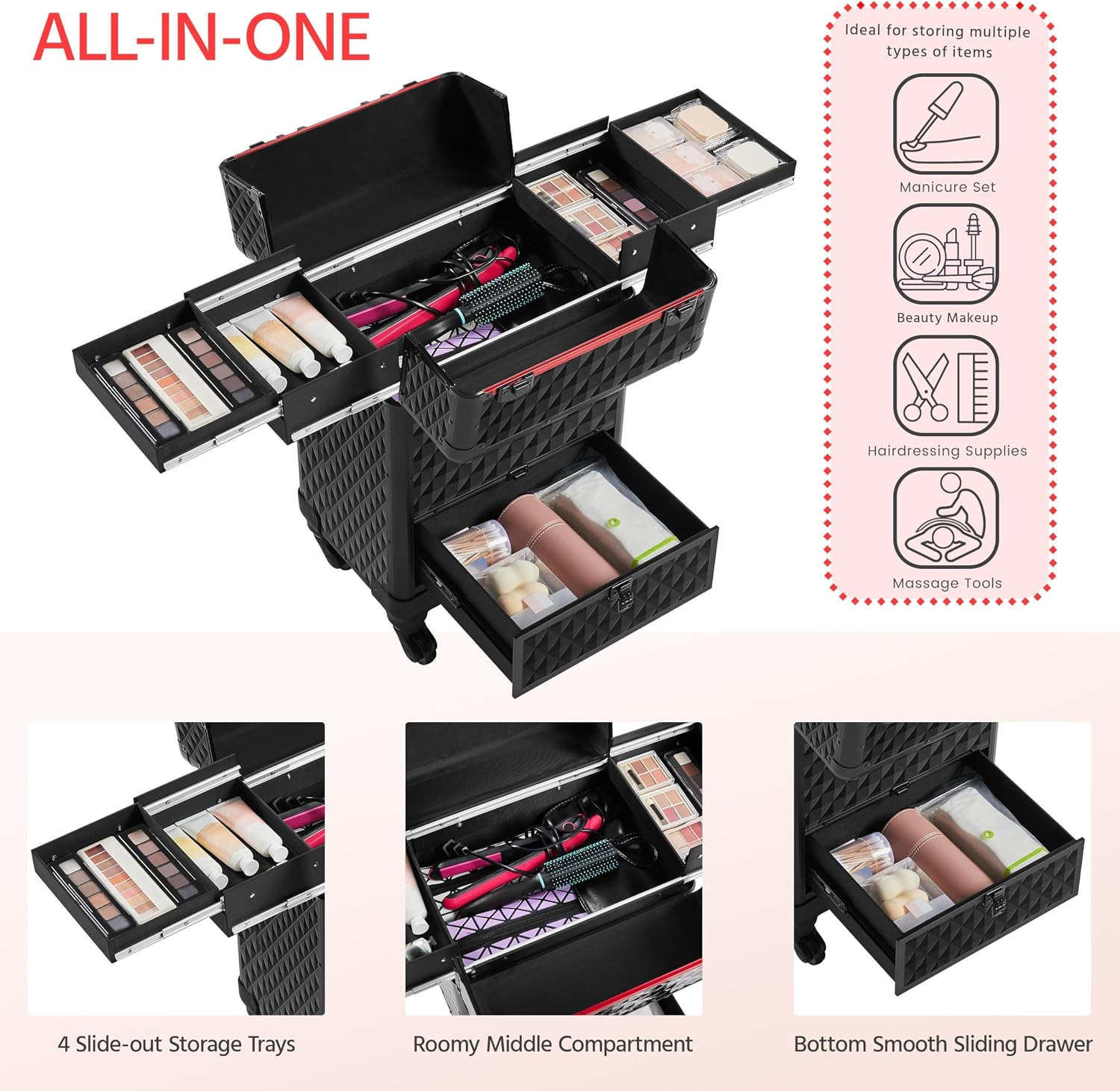 Rolling Makeup Train Case with a Drawer Nail Trolley Black/Red | Sturdy ABS & Aluminum Nail Cart Organizes Beauty Supplies in Side Trays and a Drawer, Rolls Smoothly & Lockable for Travel