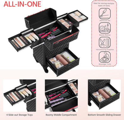 Rolling Makeup Train Case with a Drawer Nail Trolley Black/Red | Sturdy ABS & Aluminum Nail Cart Organizes Beauty Supplies in Side Trays and a Drawer, Rolls Smoothly & Lockable for Travel