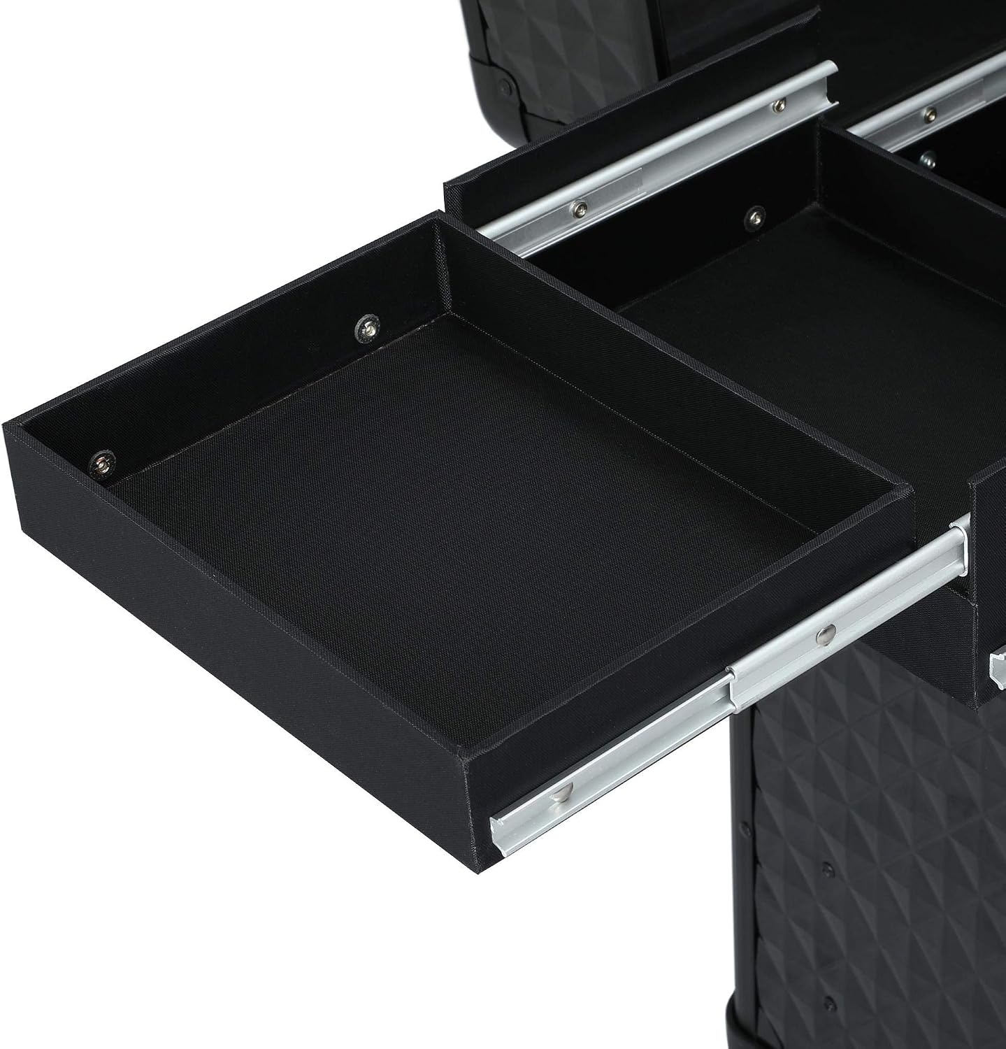 Rolling Makeup Train Case with a Drawer Nail Trolley Black/Red | Sturdy ABS & Aluminum Nail Cart Organizes Beauty Supplies in Side Trays and a Drawer, Rolls Smoothly & Lockable for Travel
