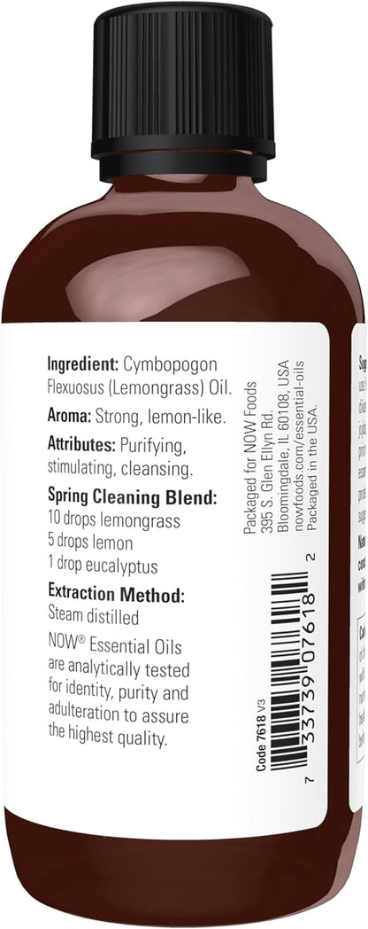 NOW Essential Oils, Lemongrass Oil, Undiluted, Steam Distilled, 4 Fl. Oz
