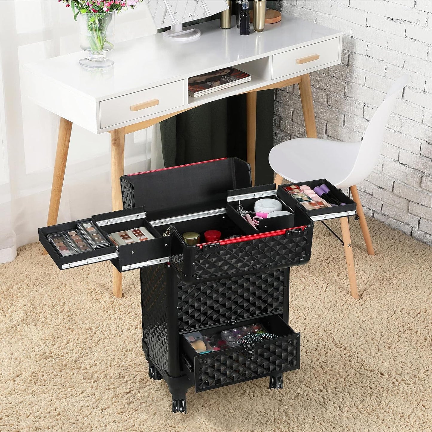 Rolling Makeup Train Case with a Drawer Nail Trolley Black/Red | Sturdy ABS & Aluminum Nail Cart Organizes Beauty Supplies in Side Trays and a Drawer, Rolls Smoothly & Lockable for Travel