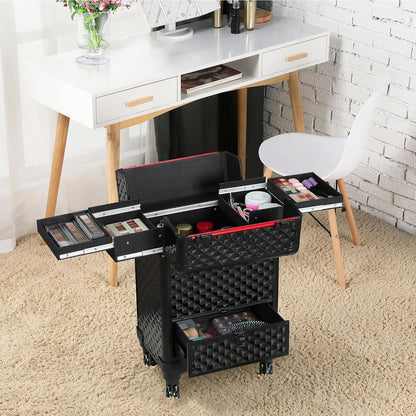 Rolling Makeup Train Case with a Drawer Nail Trolley Black/Red | Sturdy ABS & Aluminum Nail Cart Organizes Beauty Supplies in Side Trays and a Drawer, Rolls Smoothly & Lockable for Travel