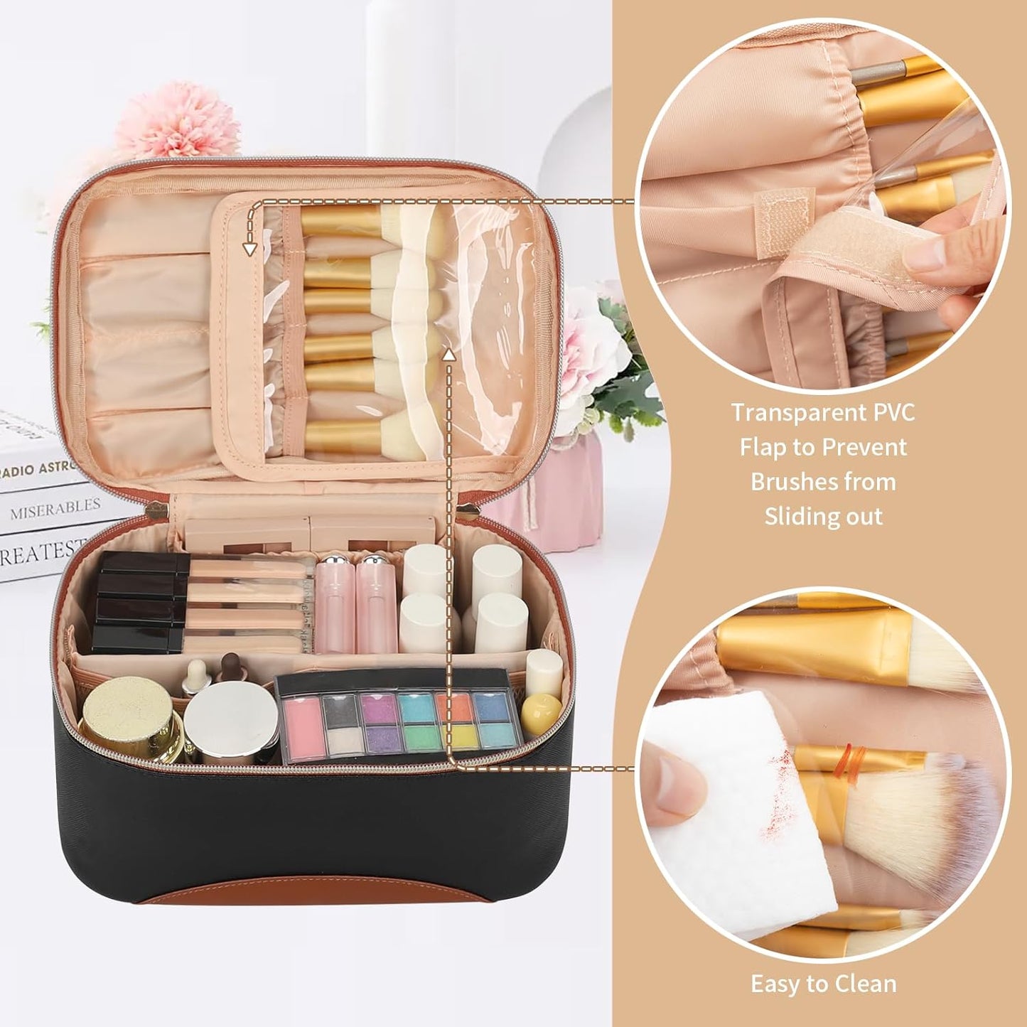 Makeup Bag,Large Capacity Travel Makeup Bag,Waterproof Cosmetic Organizer Case with Brush Holder Portable Make up Bag for Women,Toiletry Bag for Daily Use & Trips as a Gift for Women