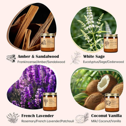 Scented Candles for Women, 4-Pack 9 Oz Soy Candle Set for Home, 36 Oz Total | Lavender, Amber-Sandalwood, White Sage & Coconut Vanilla. Soy Wax Aromatherapy Candles for Birthdays & Valentine'S Day Gifts