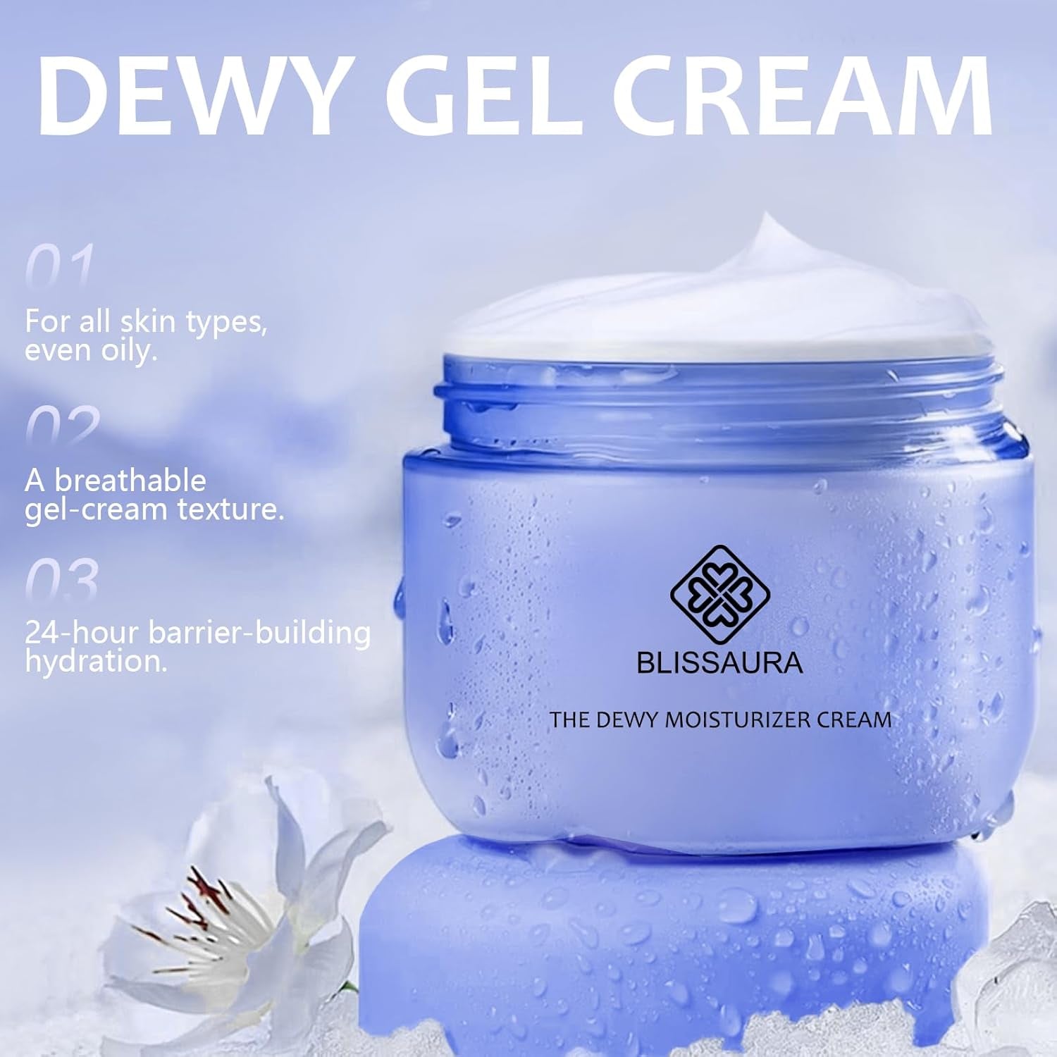 Dewy Skin Cream - Deep Hydrating Face Moisturizer with Hyaluronic Acid - Lightweight Glowing Facial Cream for Dry & Sensitive Skin - Perfect Makeup Primer for Glass Skin Finish - 1.7 Oz