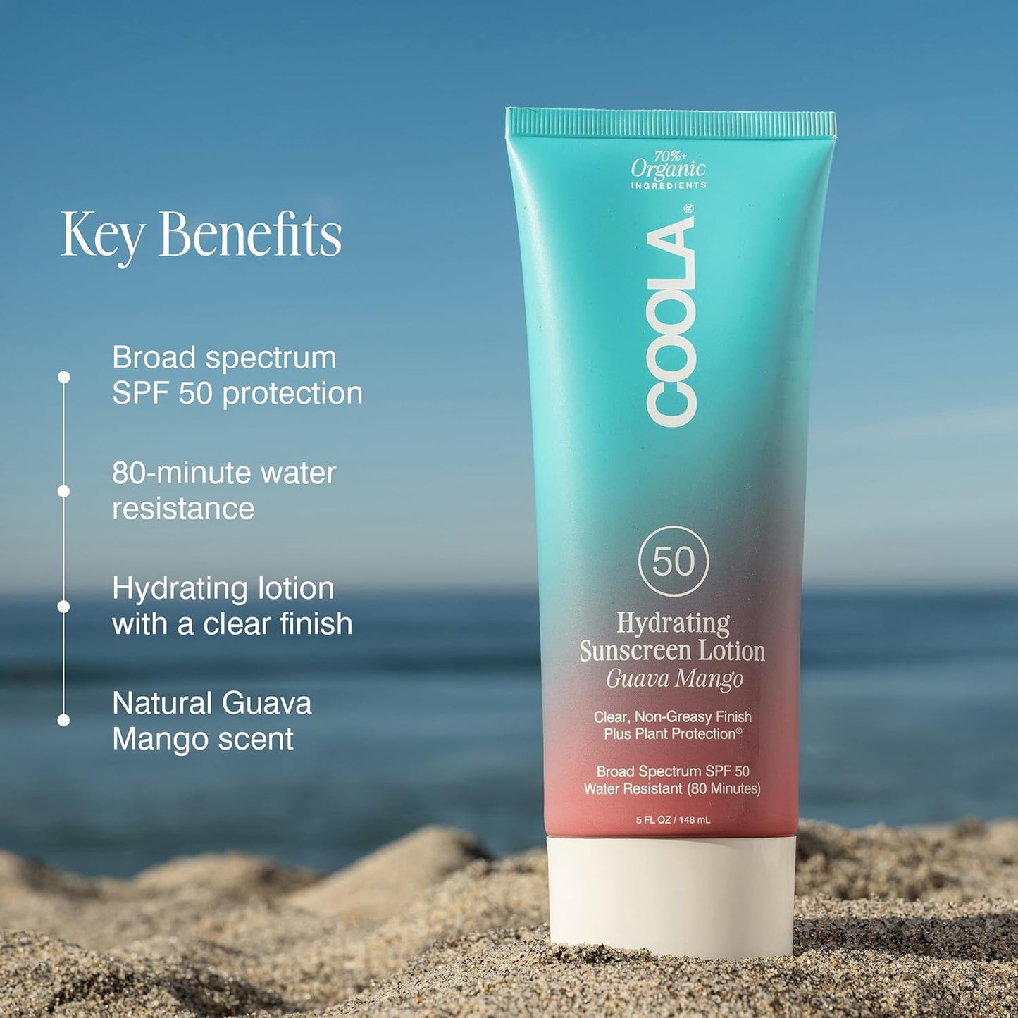 COOLA Hydrating SPF 50 Sunscreen Lotion,Guava Mango Scented, 5 Oz | Organic, Lightweight, Non-Sticky, Non-Greasy, Water Resistant, Broad Spectrum Protection, Dermatologist Tested, Clear Finish