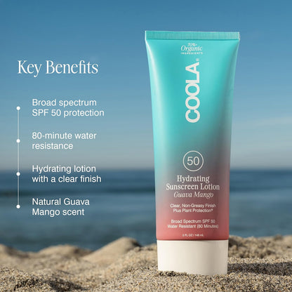 COOLA Hydrating SPF 50 Sunscreen Lotion,Guava Mango Scented, 5 Oz | Organic, Lightweight, Non-Sticky, Non-Greasy, Water Resistant, Broad Spectrum Protection, Dermatologist Tested, Clear Finish