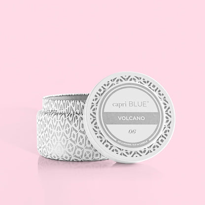 Capri Blue Volcano Printed Travel Tin Jar Candle - Luxury Candle with a Long Lasting Soy Wax Blend - Scented with Tropical & Fruity Fragrance (White Color, 8.5 Oz)