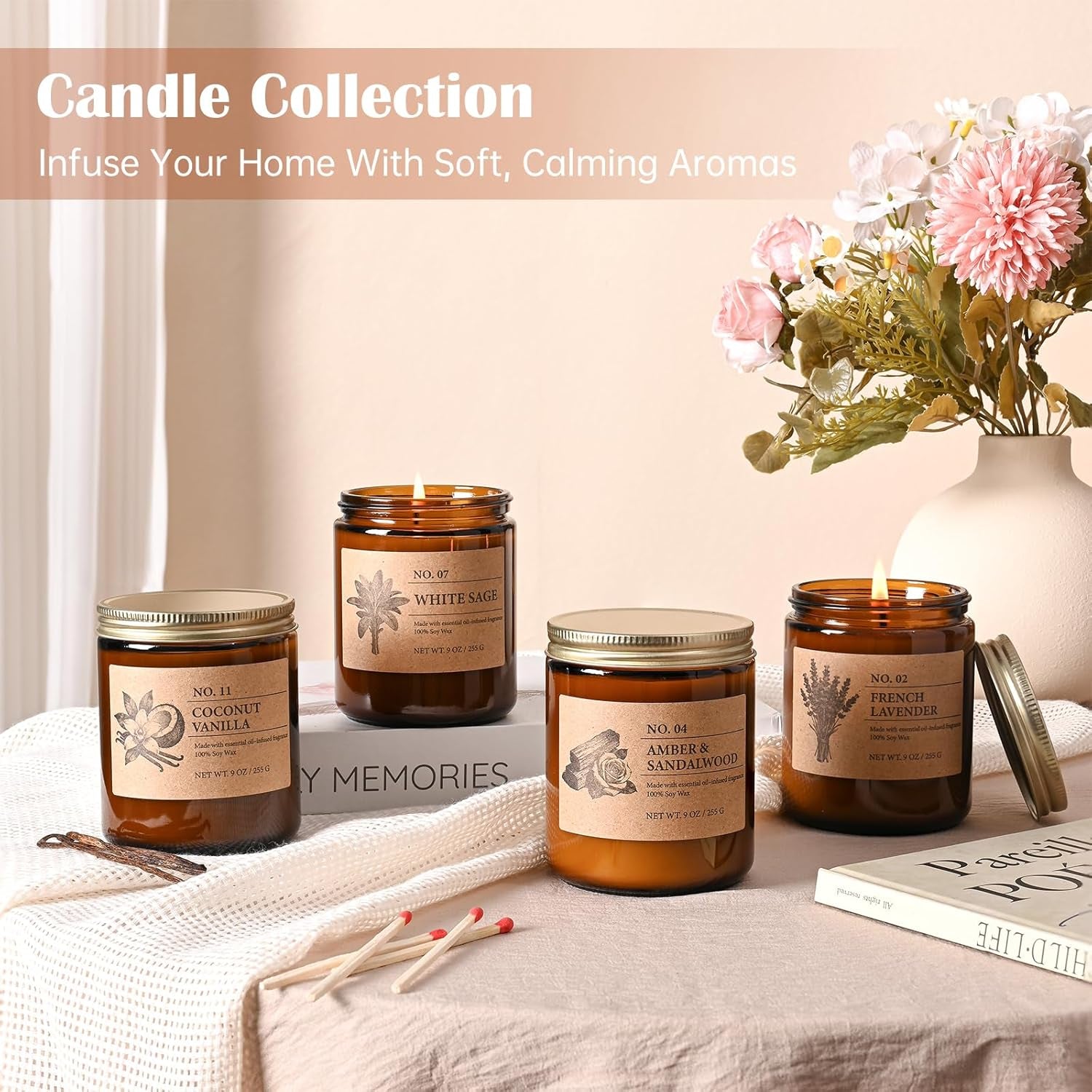 Scented Candles for Women, 4-Pack 9 Oz Soy Candle Set for Home, 36 Oz Total | Lavender, Amber-Sandalwood, White Sage & Coconut Vanilla. Soy Wax Aromatherapy Candles for Birthdays & Valentine'S Day Gifts