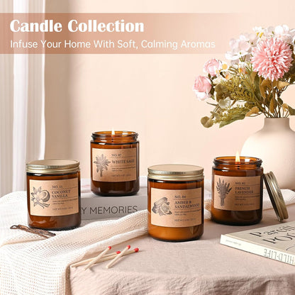 Scented Candles for Women, 4-Pack 9 Oz Soy Candle Set for Home, 36 Oz Total | Lavender, Amber-Sandalwood, White Sage & Coconut Vanilla. Soy Wax Aromatherapy Candles for Birthdays & Valentine'S Day Gifts