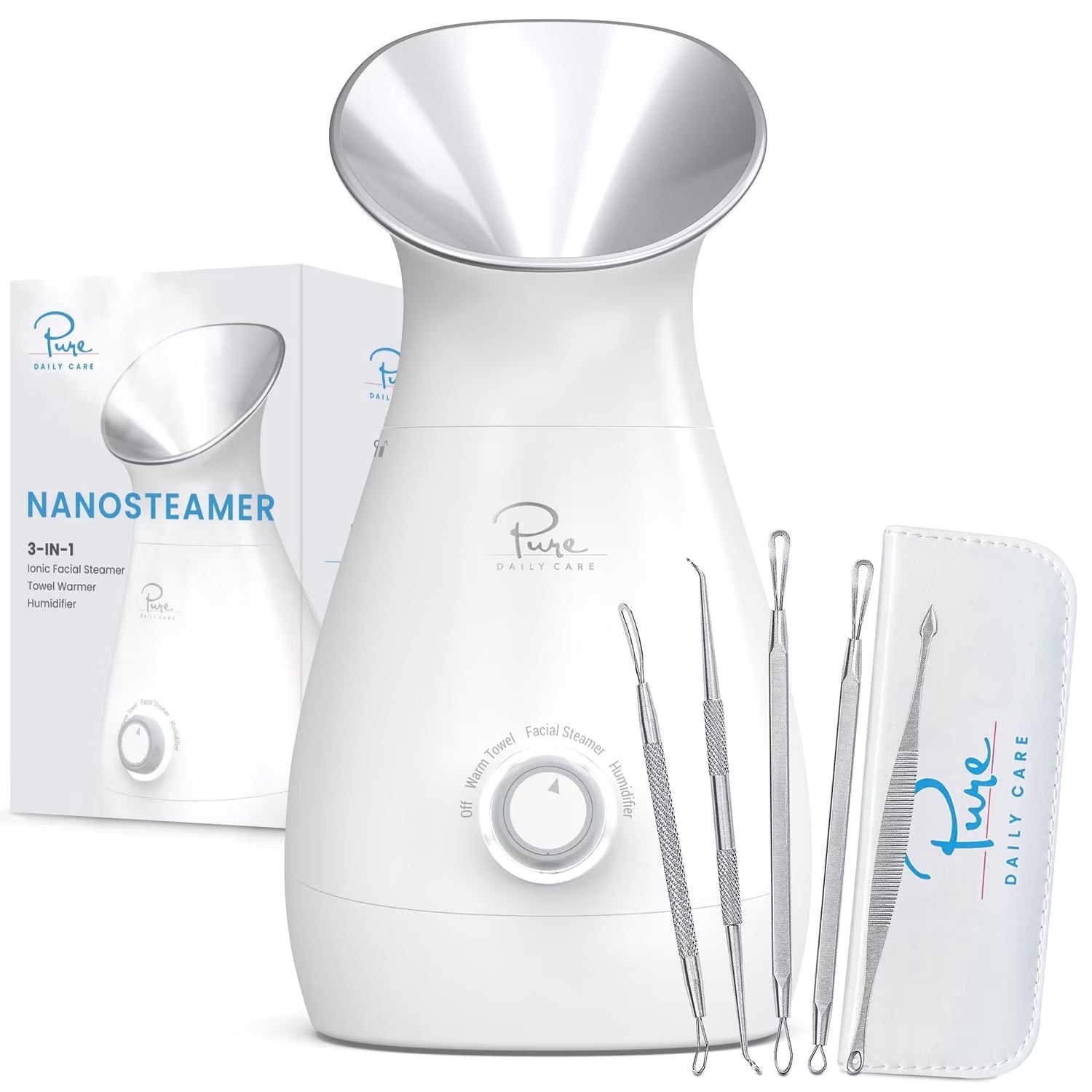 Nano Steamer 3-In-1 Ionic Facial Nano Facial Mister 5-Piece Stainless Steel Skin Kit (Silver)