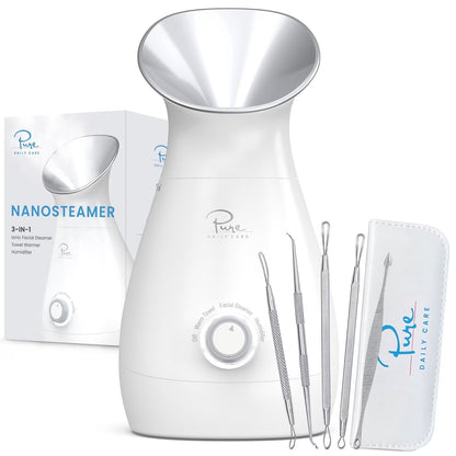Nano Steamer 3-In-1 Ionic Facial Nano Facial Mister 5-Piece Stainless Steel Skin Kit (Silver)