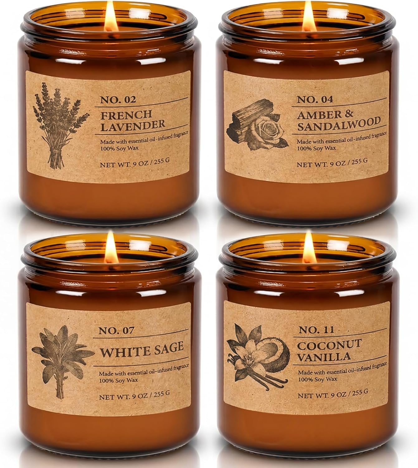 Scented Candles for Women, 4-Pack 9 Oz Soy Candle Set for Home, 36 Oz Total | Lavender, Amber-Sandalwood, White Sage & Coconut Vanilla. Soy Wax Aromatherapy Candles for Birthdays & Valentine'S Day Gifts