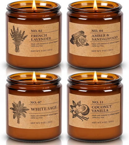 Scented Candles for Women, 4-Pack 9 Oz Soy Candle Set for Home, 36 Oz Total | Lavender, Amber-Sandalwood, White Sage & Coconut Vanilla. Soy Wax Aromatherapy Candles for Birthdays & Valentine'S Day Gifts