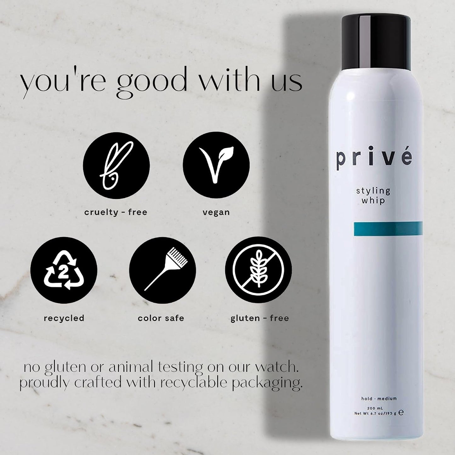 Privé Styling Whip Hair Mousse - Lightweight Foam for Volume, Body and Lift - Flexible Medium Hold with Frizz Control - Soft Touchable Finish for Fine, Wavy and Curly Hair - 6.7 Oz