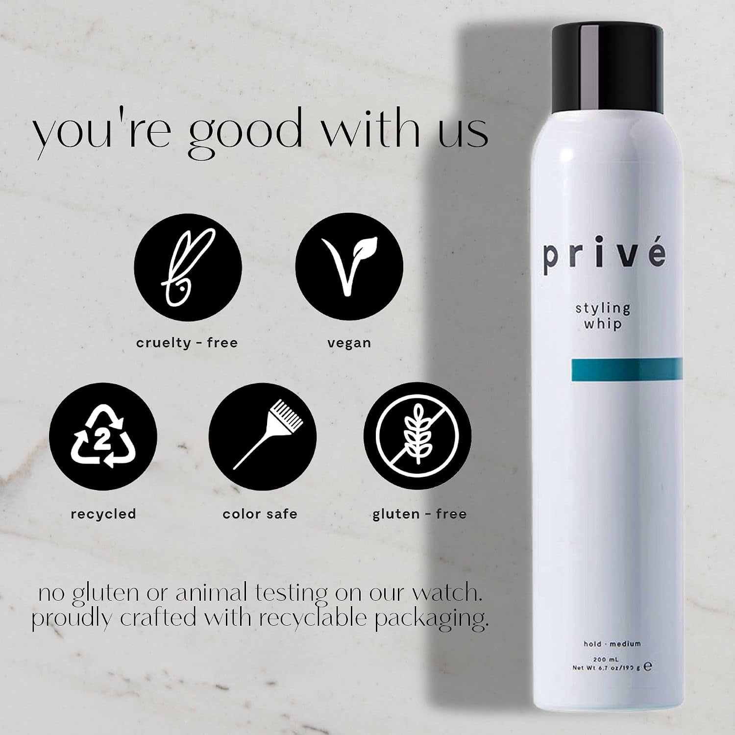 Privé Styling Whip Hair Mousse - Lightweight Foam for Volume, Body and Lift - Flexible Medium Hold with Frizz Control - Soft Touchable Finish for Fine, Wavy and Curly Hair - 6.7 Oz