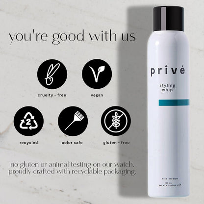 Privé Styling Whip Hair Mousse - Lightweight Foam for Volume, Body and Lift - Flexible Medium Hold with Frizz Control - Soft Touchable Finish for Fine, Wavy and Curly Hair - 6.7 Oz