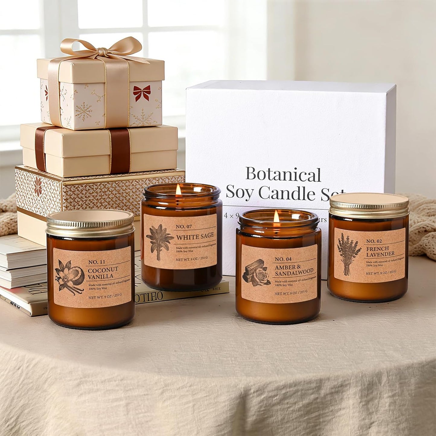 Scented Candles for Women, 4-Pack 9 Oz Soy Candle Set for Home, 36 Oz Total | Lavender, Amber-Sandalwood, White Sage & Coconut Vanilla. Soy Wax Aromatherapy Candles for Birthdays & Valentine'S Day Gifts