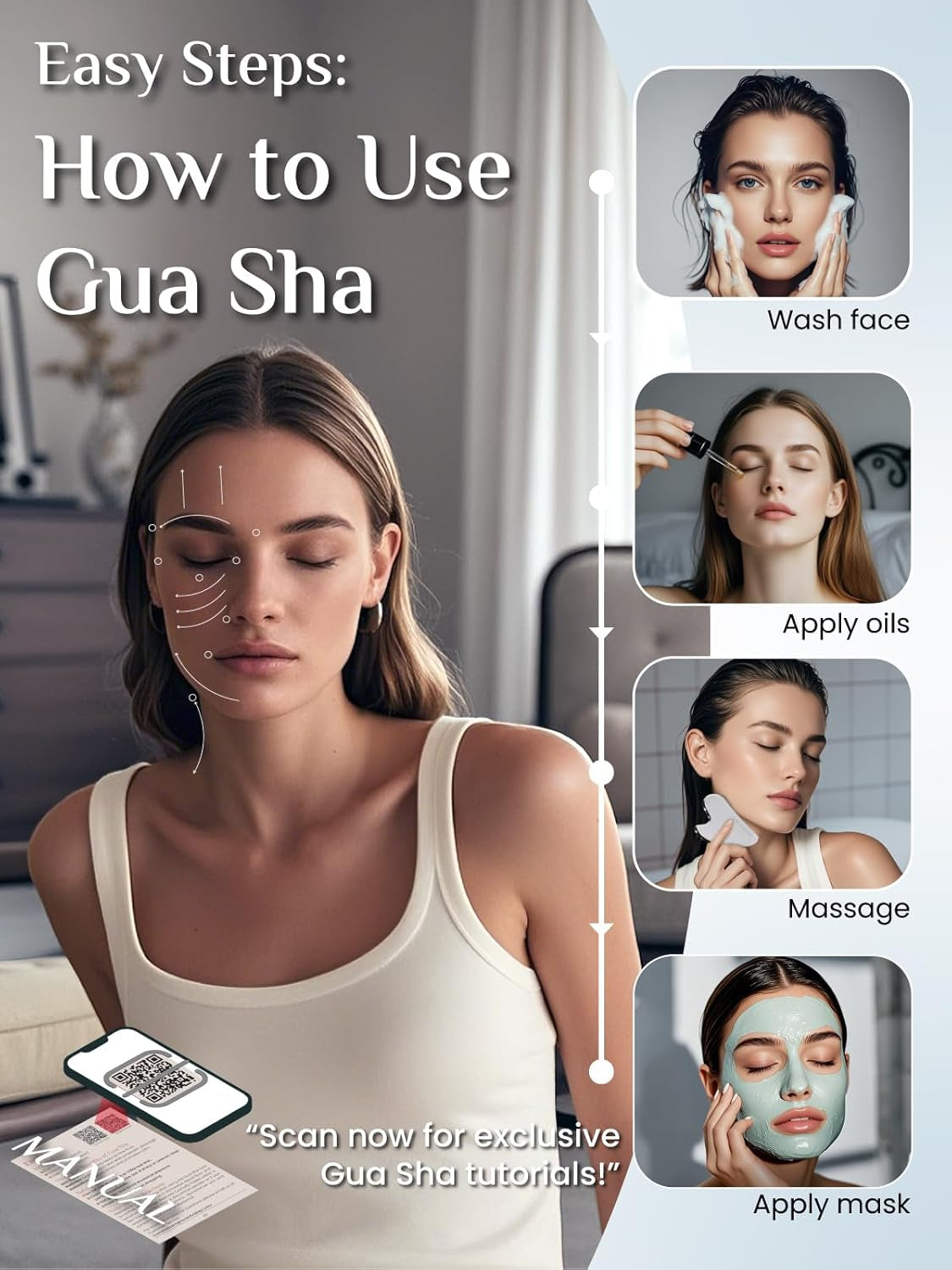 Gua Sha Facial Tools, Stainless Steel Guasha Tool - Silver | Face Massage Tool for Jawline Sculpting, Puffiness Reducing, Gua Sha Double Chin Reducer, Skin Care Gift for Women